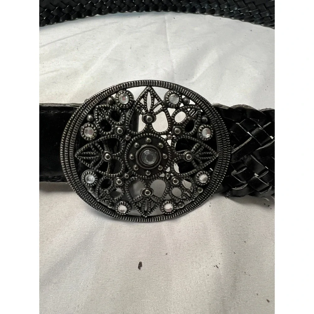 Black Braided Faux Leather Belt 10 Round Filigree Rhinestone Buckle Boho Western